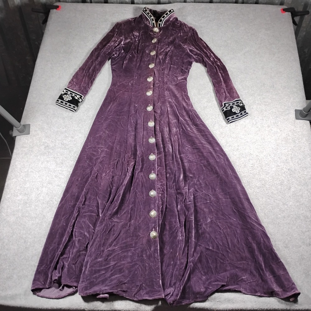 Double D Ranchwear Purple Silk Rayon Velvet Studded Cross Maxi Coat Dress Small